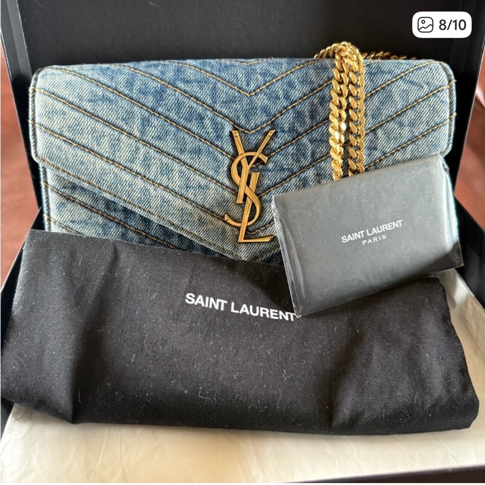 ISO Yves Saint Laurent Denim Chevron Wallet with Gold Logo